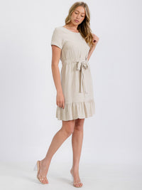 WOMEN'S SHORT SLEEVE BELTED TIERED LINEN MINI DRESS