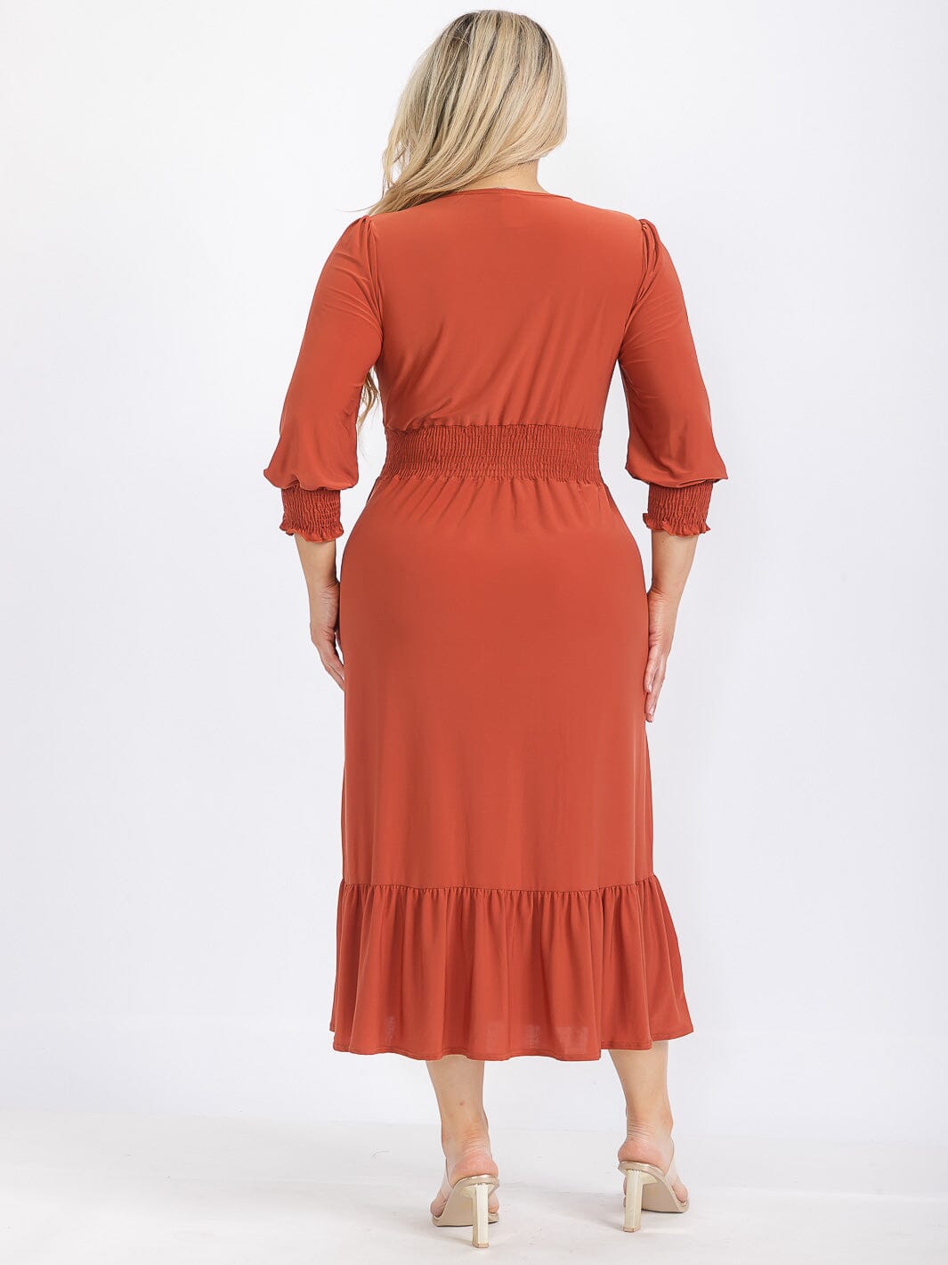 PLUS SIZE 3/4 SLEEVE SMOCK WAIST FRONT POCKETS RUFFLE BOTTOM HEM MAXI DRESS