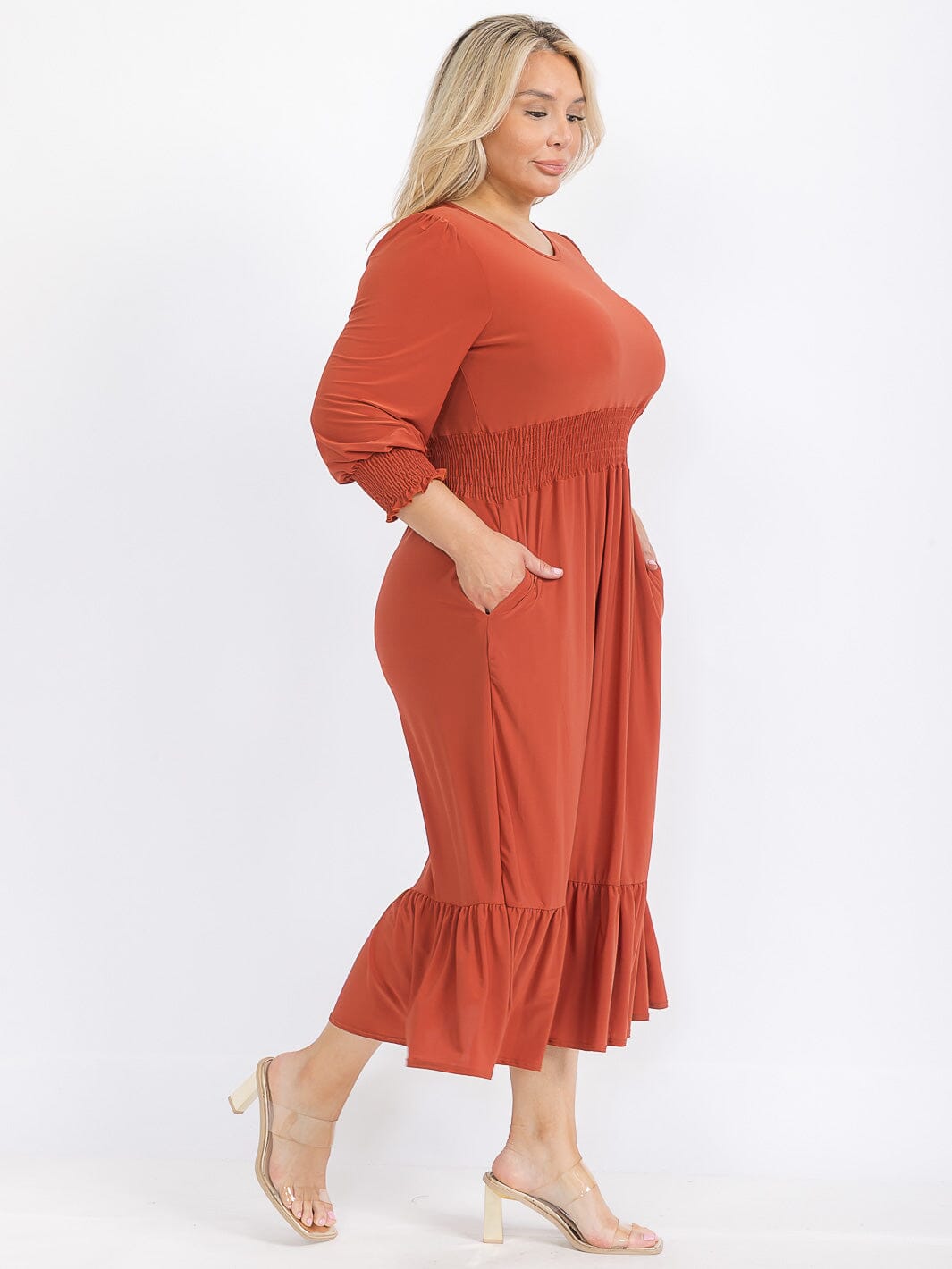 PLUS SIZE 3/4 SLEEVE SMOCK WAIST FRONT POCKETS RUFFLE BOTTOM HEM MAXI DRESS