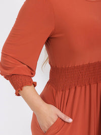 PLUS SIZE 3/4 SLEEVE SMOCK WAIST FRONT POCKETS RUFFLE BOTTOM HEM MAXI DRESS
