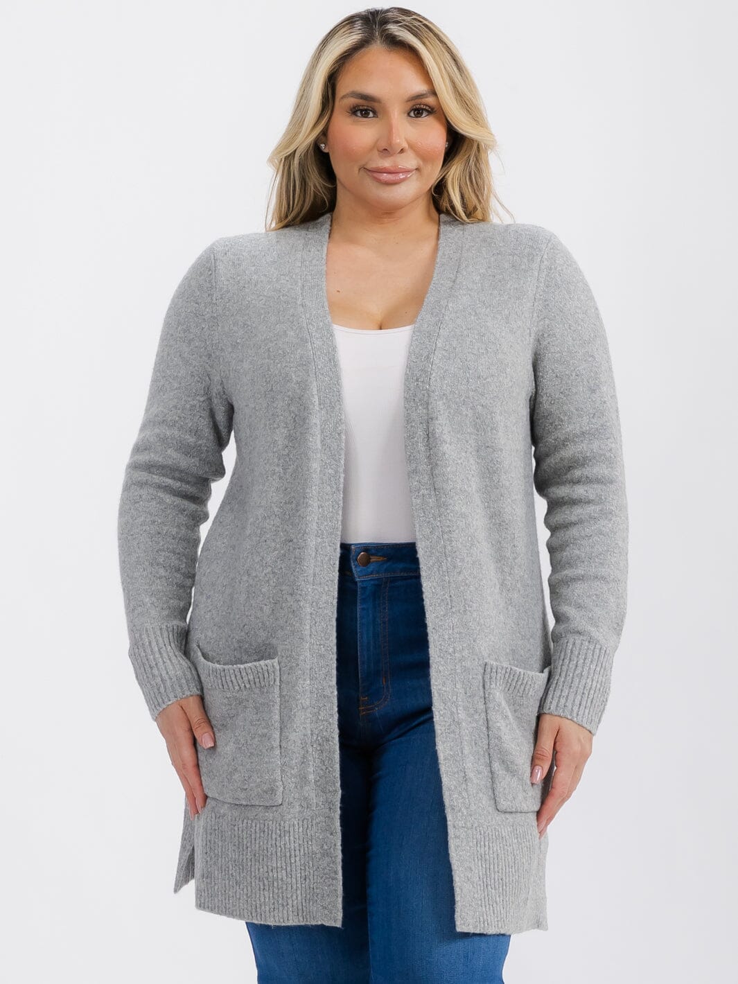 PLUS SIZE LONG SLEEVE OPEN FRONT POCKETS CARDIGAN
