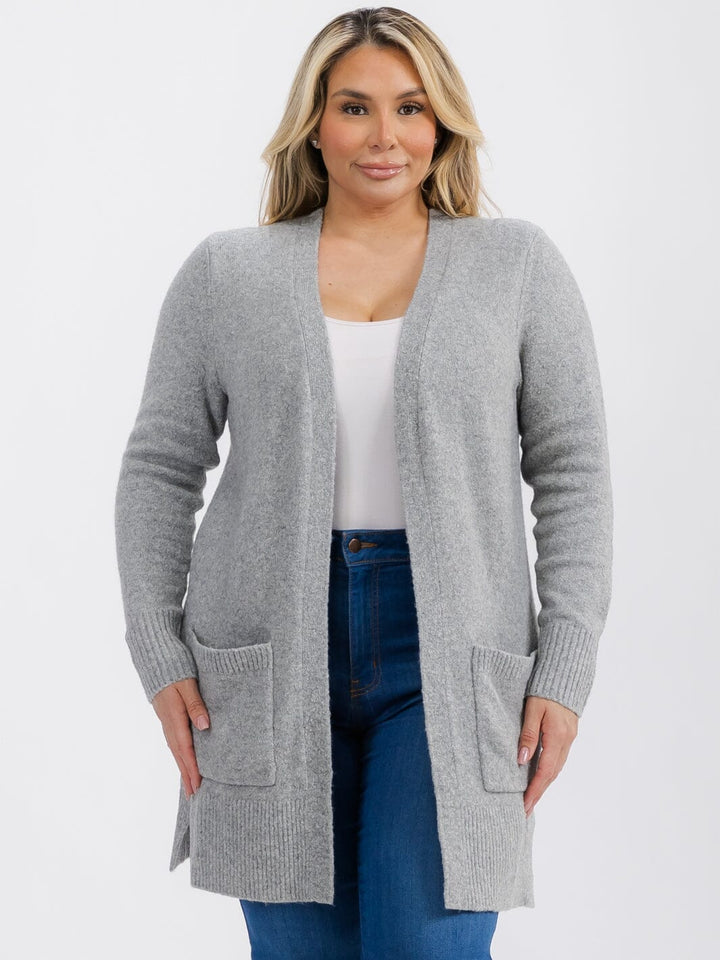 PLUS SIZE LONG SLEEVE OPEN FRONT POCKETS CARDIGAN