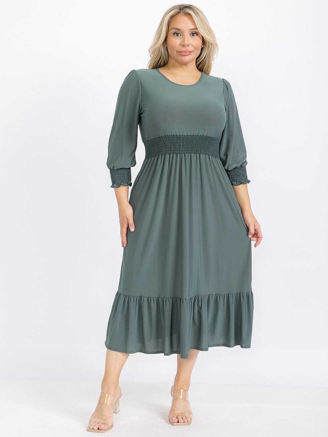 PLUS SIZE 3/4 SLEEVE SMOCK WAIST FRONT POCKETS RUFFLE BOTTOM HEM MAXI DRESS