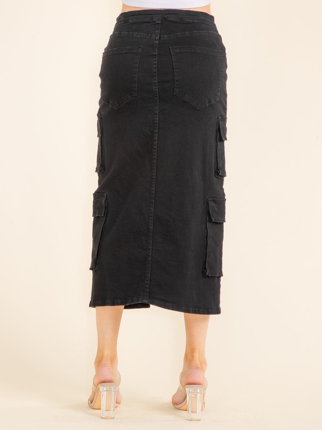 WOMEN'S BUTTON CLOSURE FRONT SLIT CARGO POCKETS DENIM MIDI SKIRT