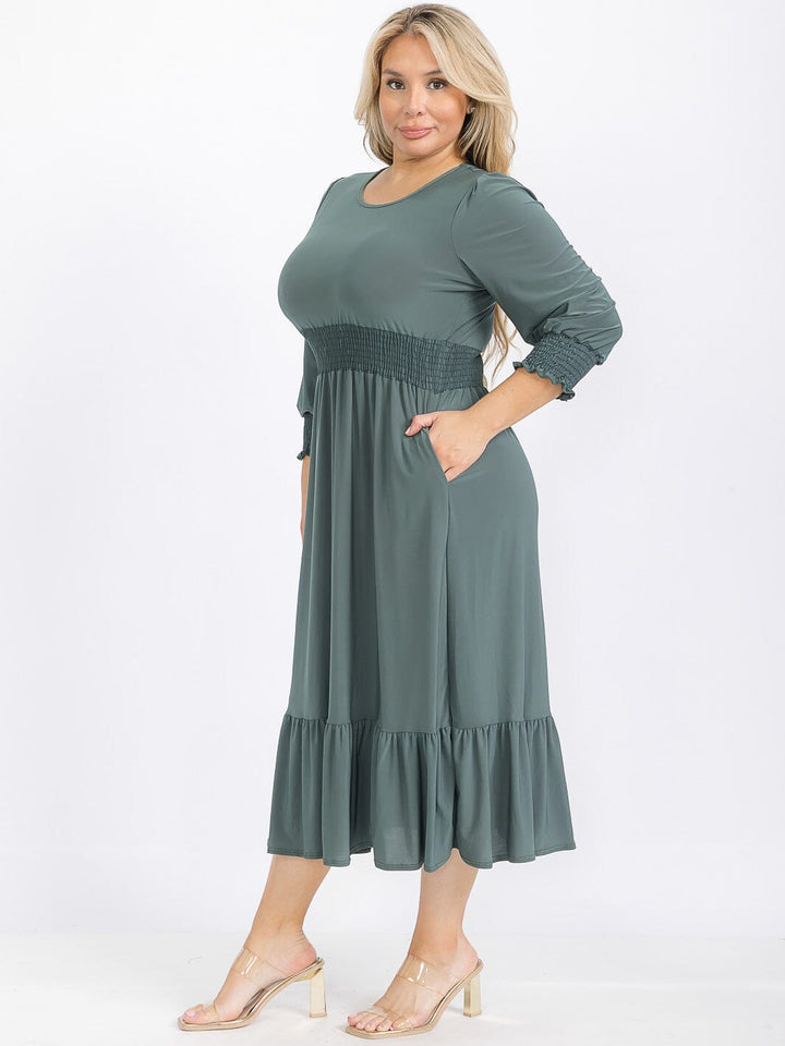 PLUS SIZE 3/4 SLEEVE SMOCK WAIST FRONT POCKETS RUFFLE BOTTOM HEM MAXI DRESS