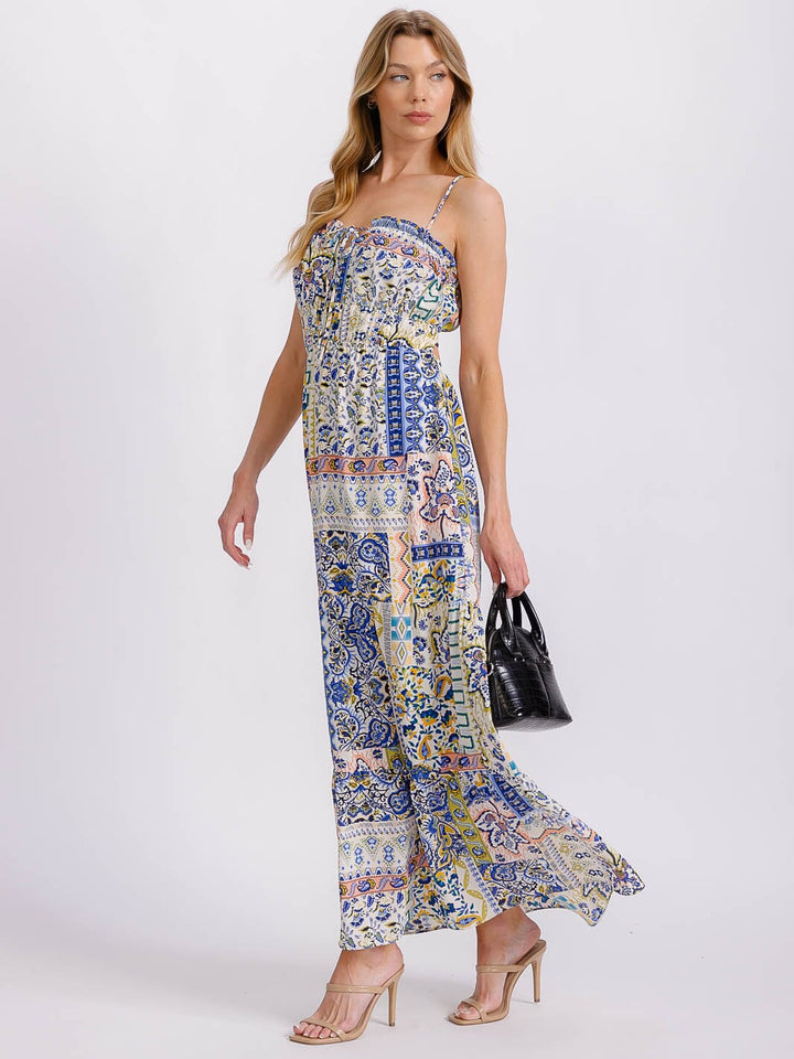 WOMEN'S SLEEVELESS V-NECK ELASTIC WAIST TIERED OPEN BACK MULTI PRINT MAXI DRESS