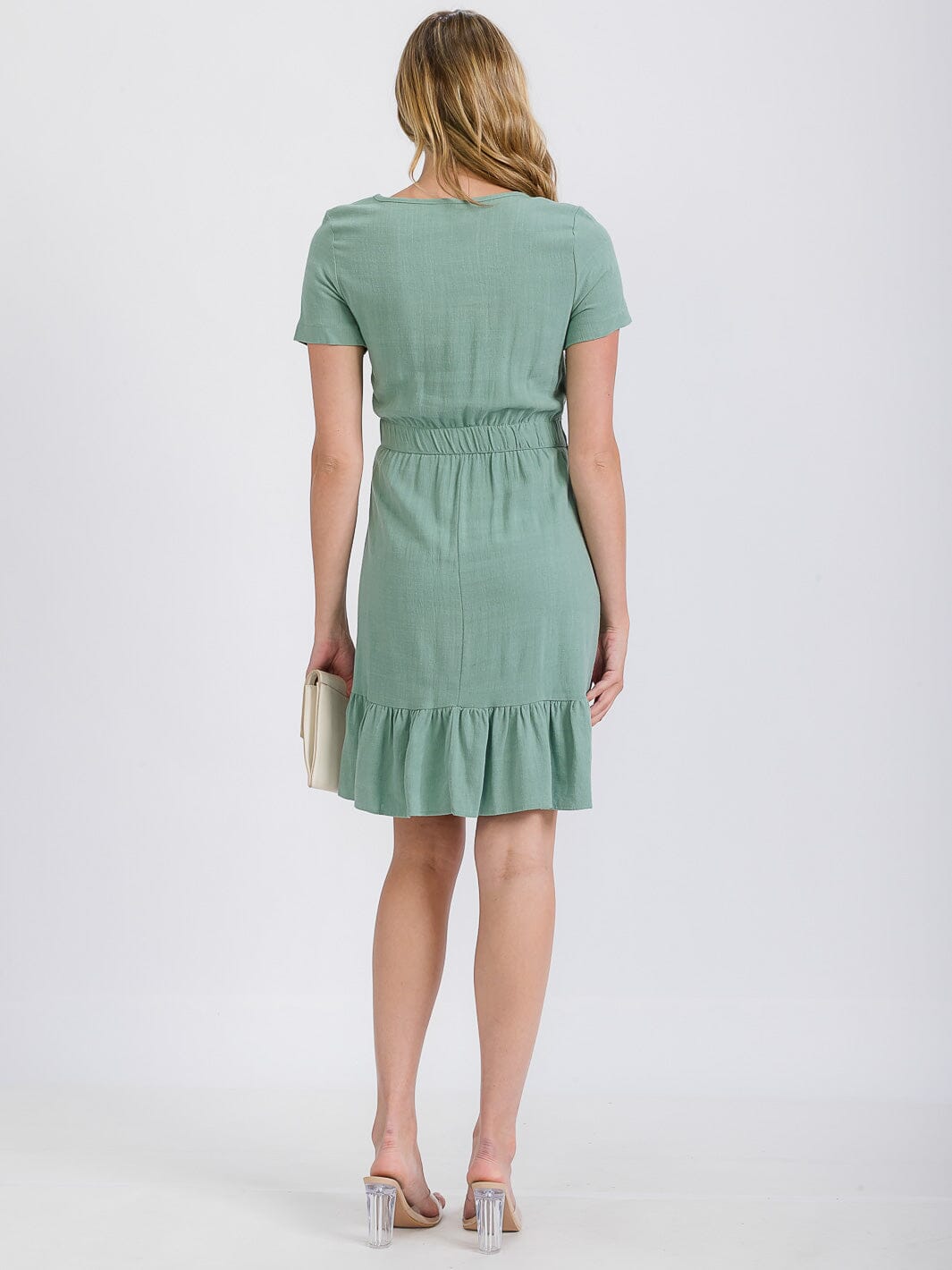 WOMEN'S SHORT SLEEVE BELTED TIERED LINEN MINI DRESS