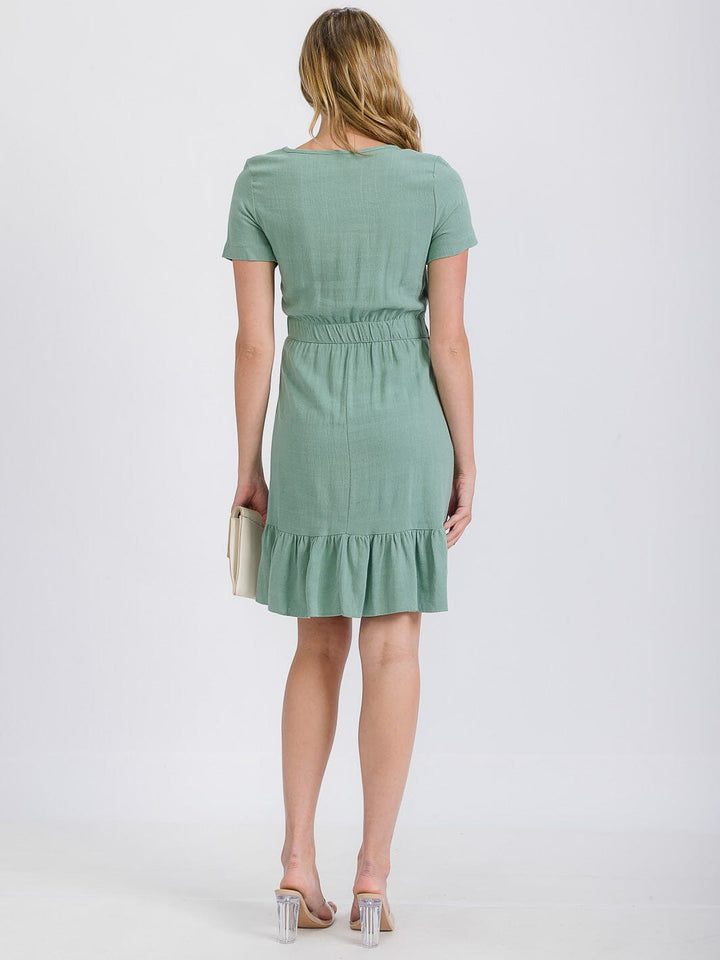WOMEN'S SHORT SLEEVE BELTED TIERED LINEN MINI DRESS