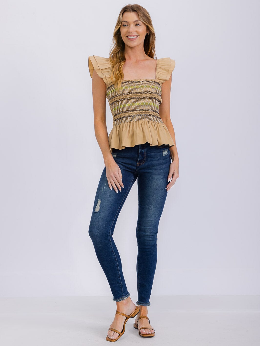 WOMEN'S SLEEVELESS SQUARE NECK SMOCK PEPLUM TANK TOP