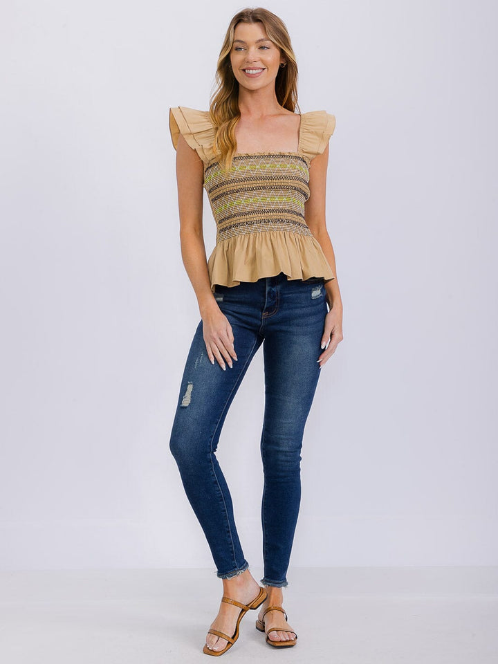 WOMEN'S SLEEVELESS SQUARE NECK SMOCK PEPLUM TANK TOP