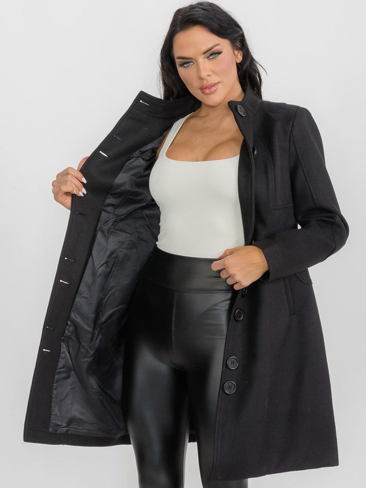 WOMEN'S LONG SLEEVE BUTTON CLOSURE FRONT POCKETS COAT
