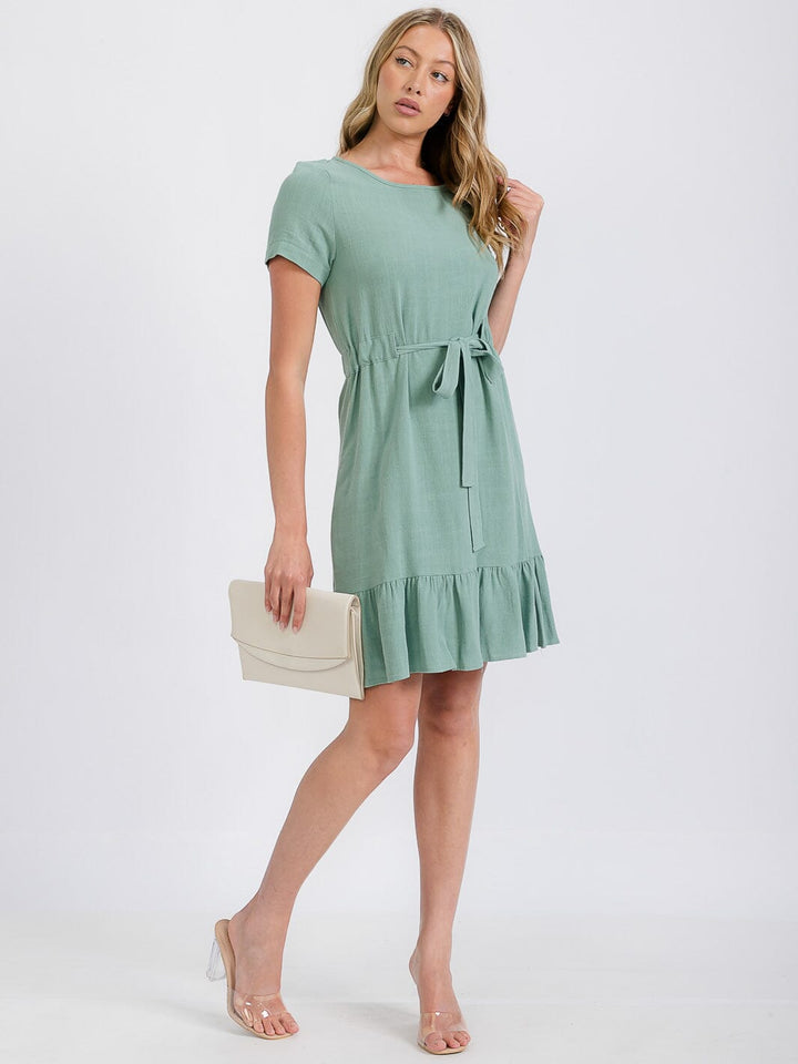 WOMEN'S SHORT SLEEVE BELTED TIERED LINEN MINI DRESS