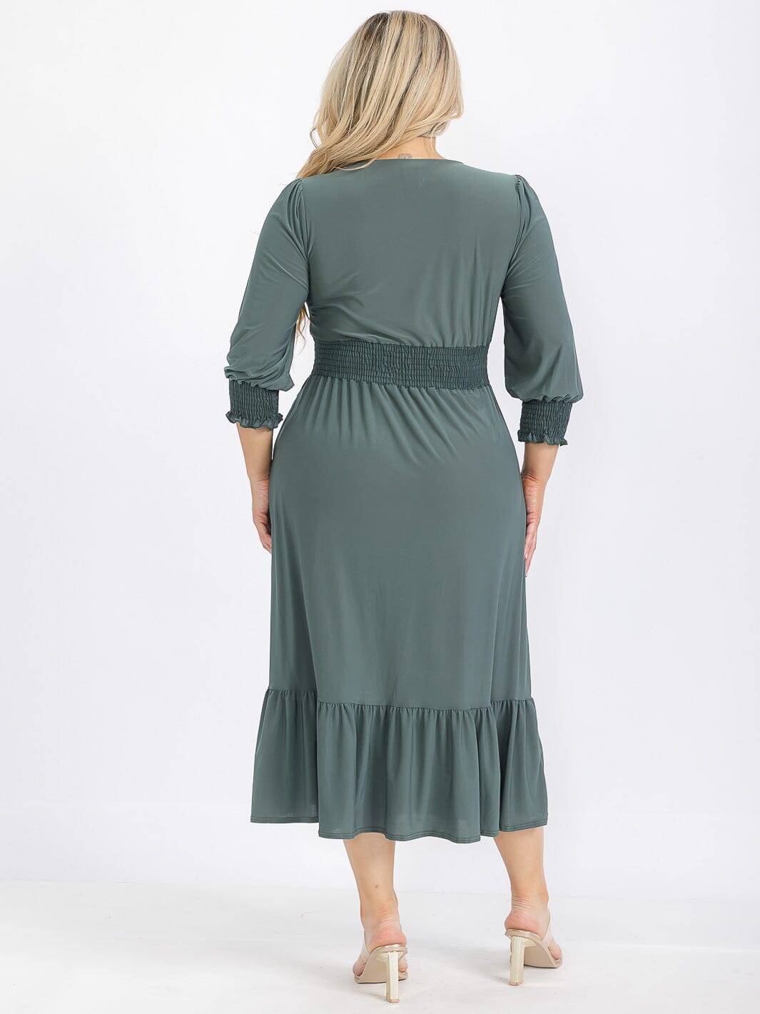 PLUS SIZE 3/4 SLEEVE SMOCK WAIST FRONT POCKETS RUFFLE BOTTOM HEM MAXI DRESS