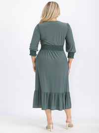 PLUS SIZE 3/4 SLEEVE SMOCK WAIST FRONT POCKETS RUFFLE BOTTOM HEM MAXI DRESS