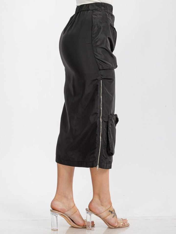 WOMEN'S ELASTIC WAIST ZIP UP FRONT CARGO POCKETS MIDI SKIRT
