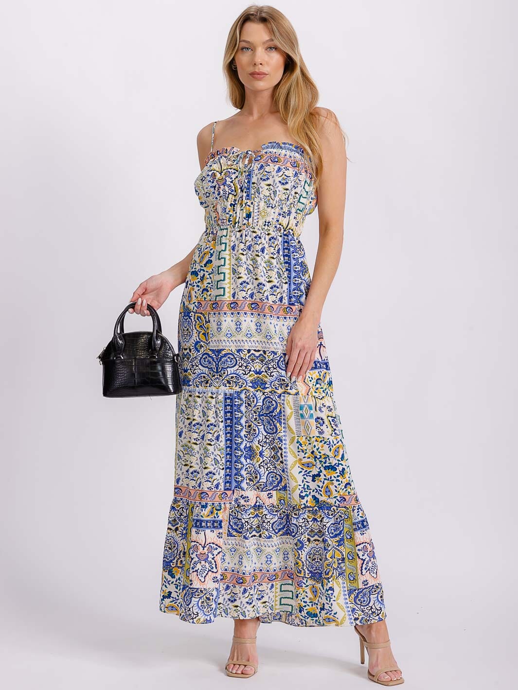 WOMEN'S SLEEVELESS V-NECK ELASTIC WAIST TIERED OPEN BACK MULTI PRINT MAXI DRESS