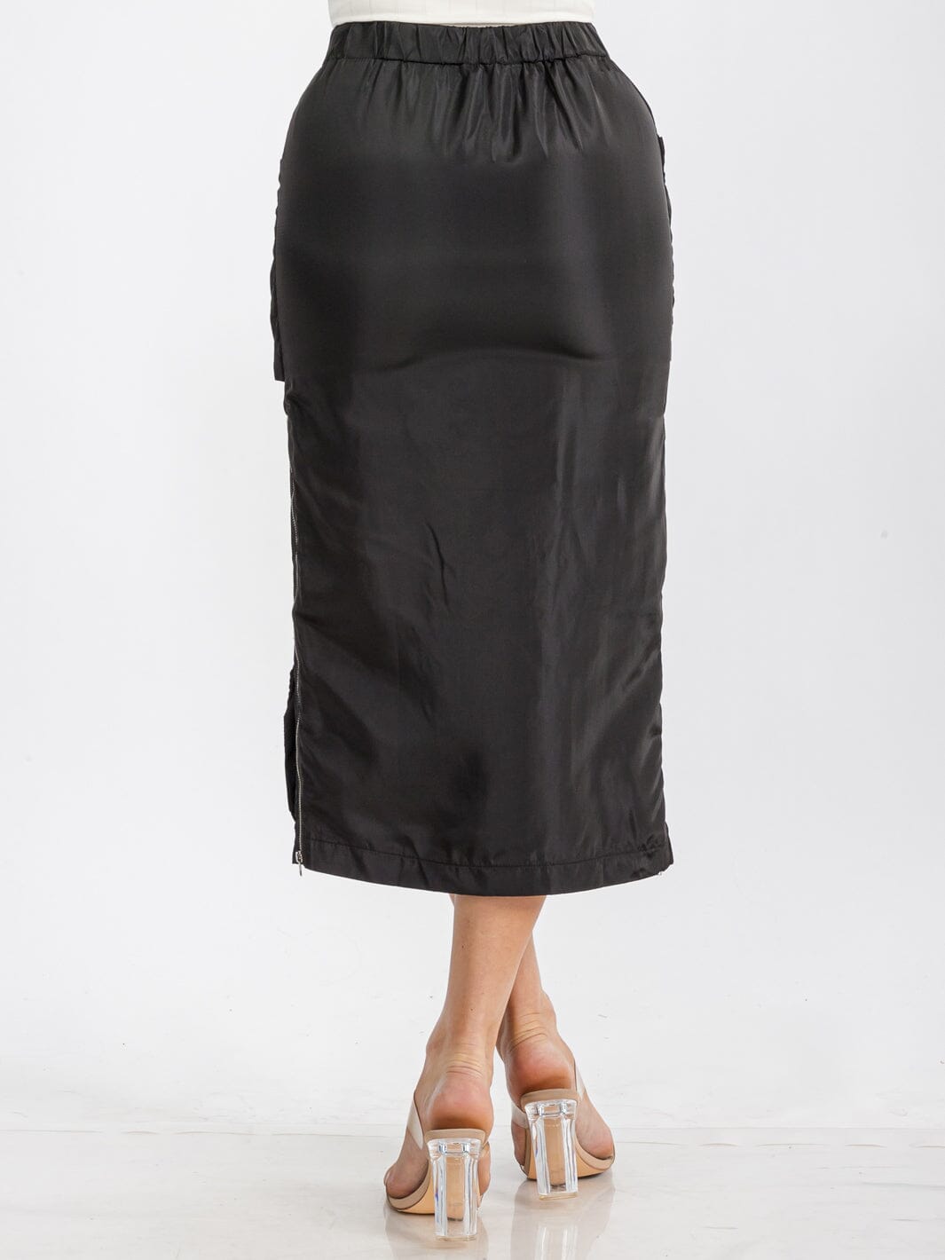 WOMEN'S ELASTIC WAIST ZIP UP FRONT CARGO POCKETS MIDI SKIRT