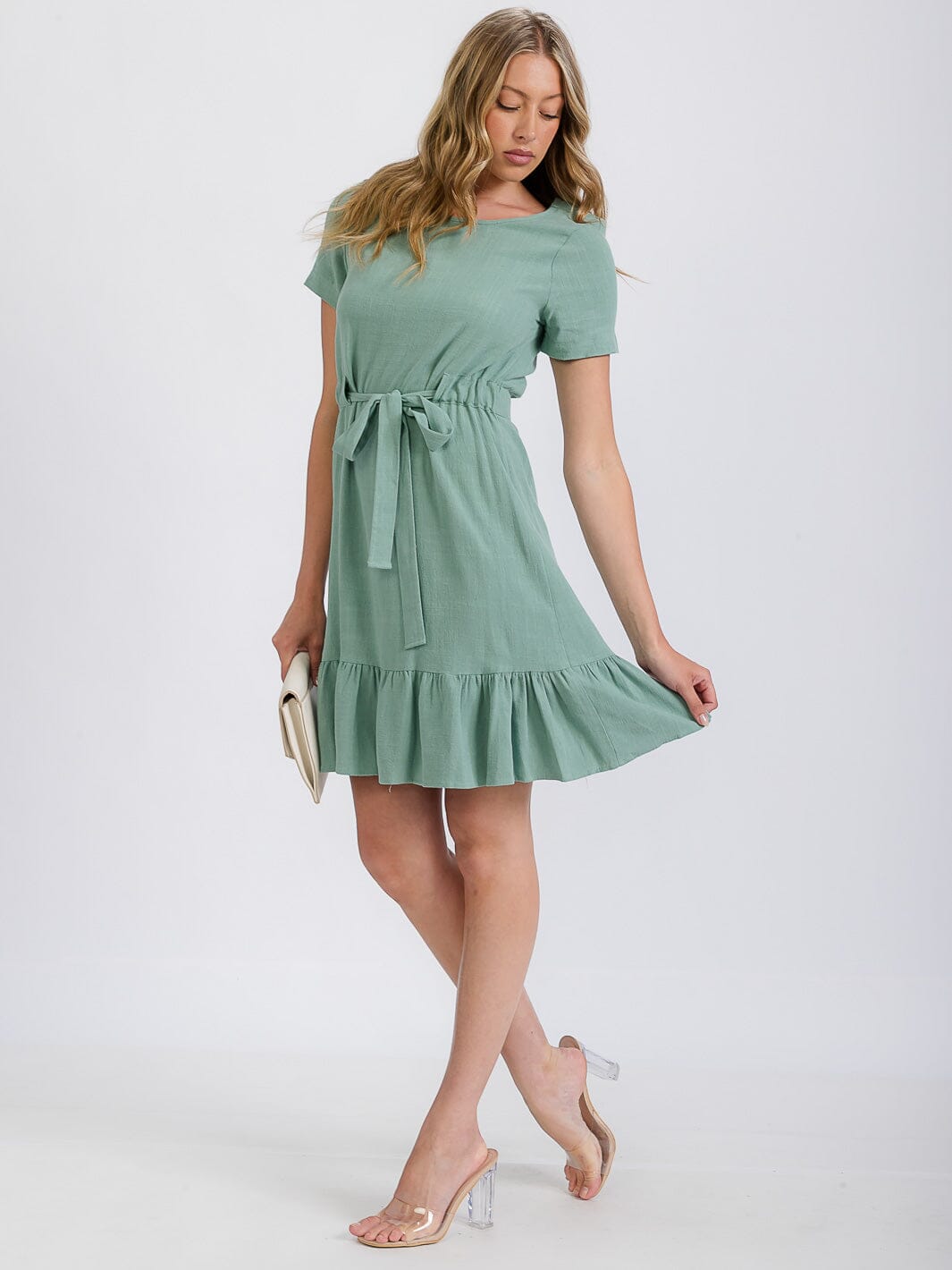WOMEN'S SHORT SLEEVE BELTED TIERED LINEN MINI DRESS