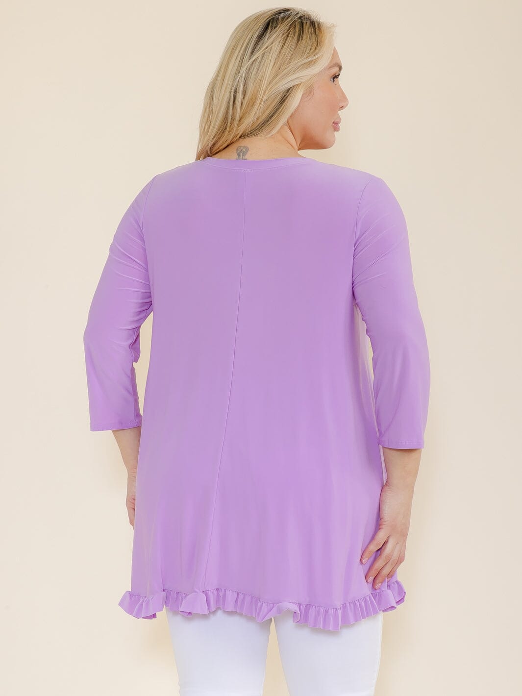 PLUS SIZE 3/4 SLEEVES RUFFLE BOTTOM HEM TUNIC HIGH-LOW TOP