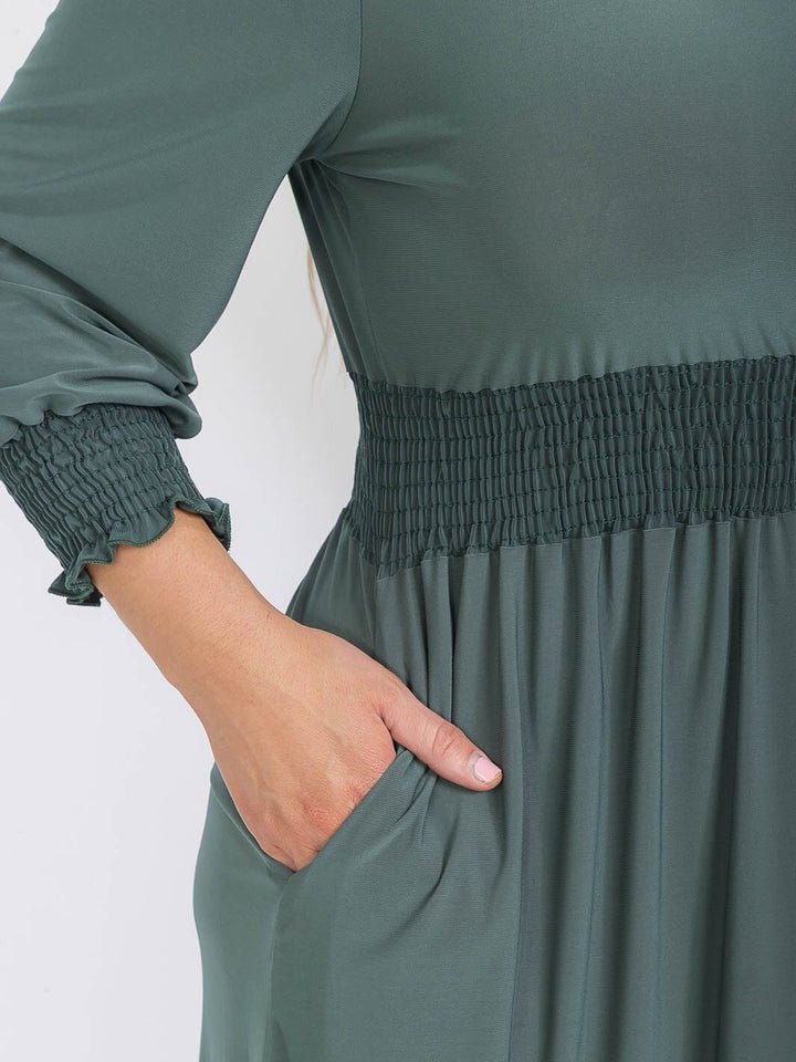 PLUS SIZE 3/4 SLEEVE SMOCK WAIST FRONT POCKETS RUFFLE BOTTOM HEM MAXI DRESS