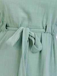 WOMEN'S SHORT SLEEVE BELTED TIERED LINEN MINI DRESS