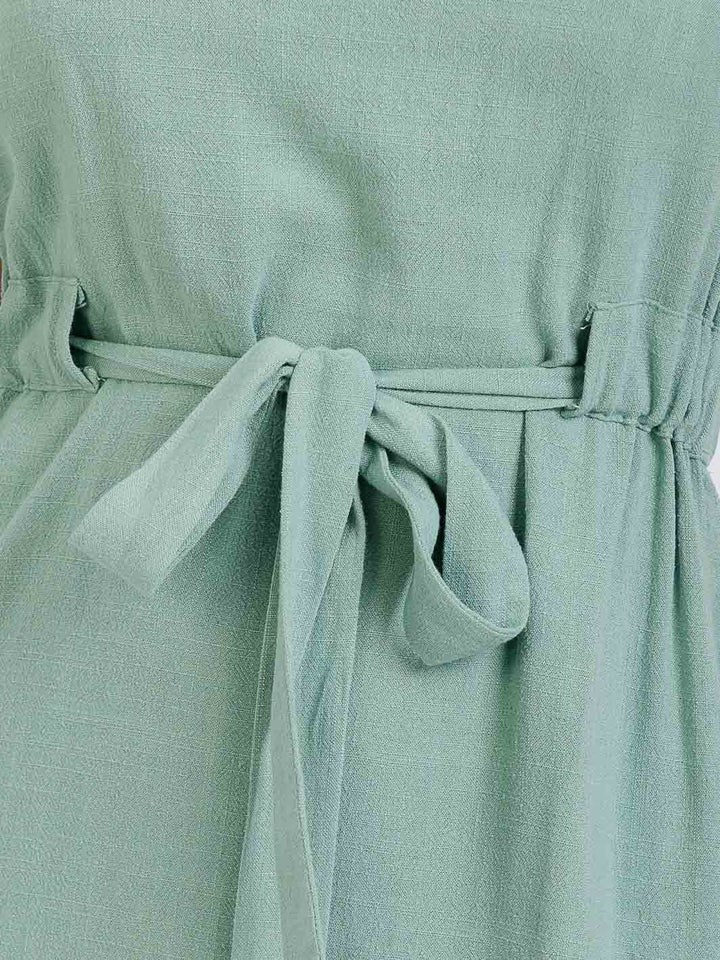 WOMEN'S SHORT SLEEVE BELTED TIERED LINEN MINI DRESS