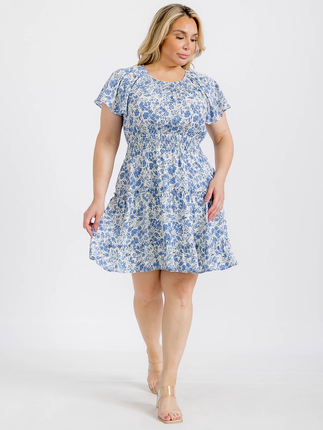 PLUS SIZE SHORT SLEEVE SMOCK WAIST FLORAL MINI DRESS