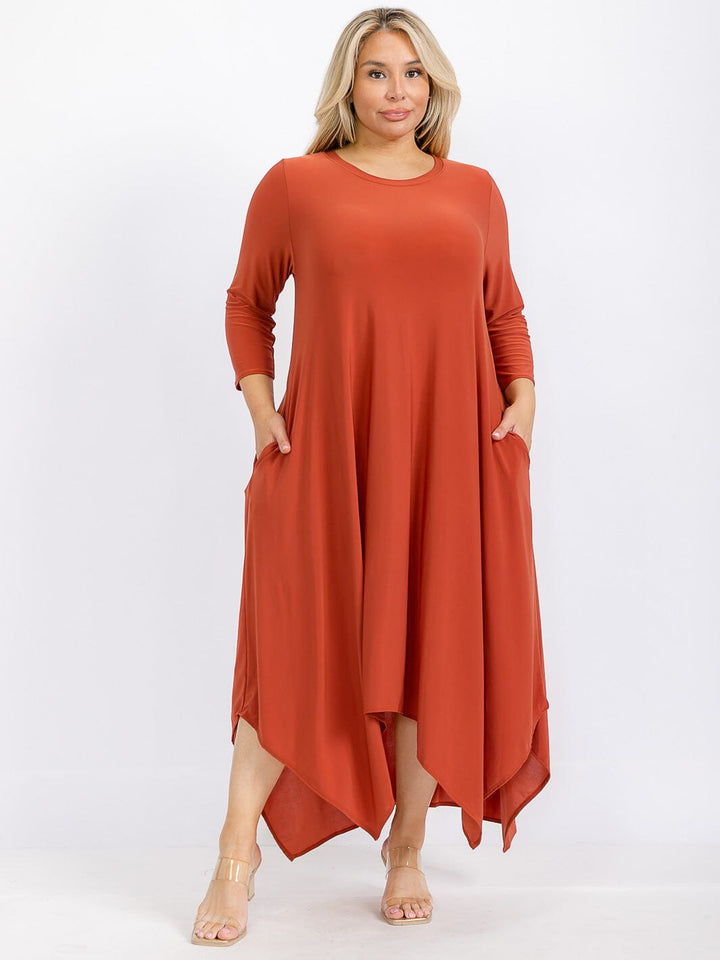 PLUS SIZE 3/4 SLEEVE FRONT POCKETS HIGH-LOW MAXI DRESS