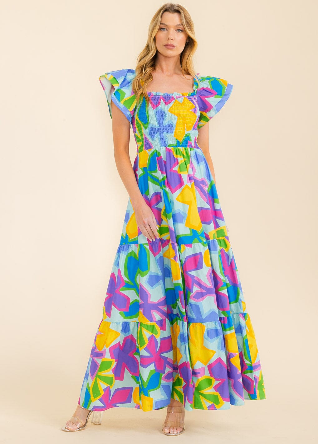 WOMEN'S RUFFLE SLEEVE SMOCK TIERED POCKETS MULTI PRINT MAXI DRESS