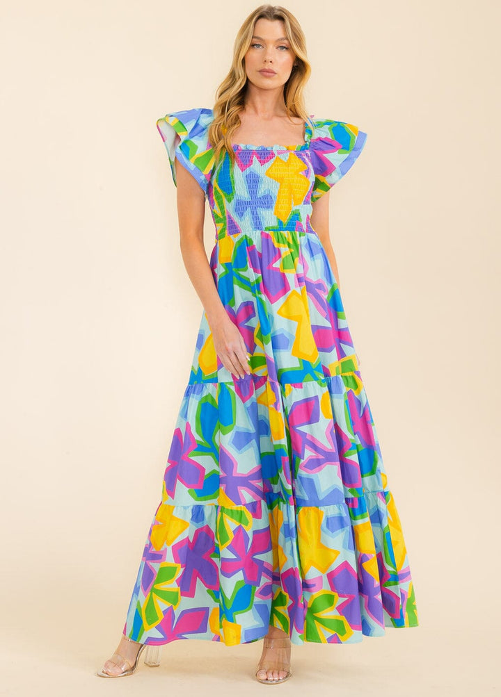 WOMEN'S RUFFLE SLEEVE SMOCK TIERED POCKETS MULTI PRINT MAXI DRESS