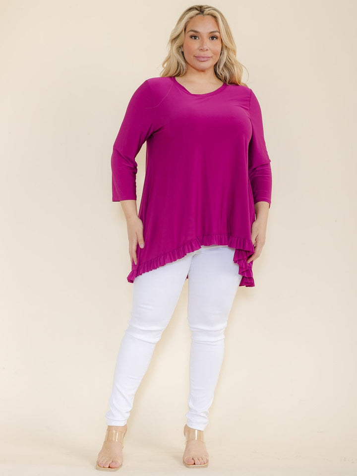 PLUS SIZE 3/4 SLEEVES RUFFLE BOTTOM HEM TUNIC HIGH-LOW TOP