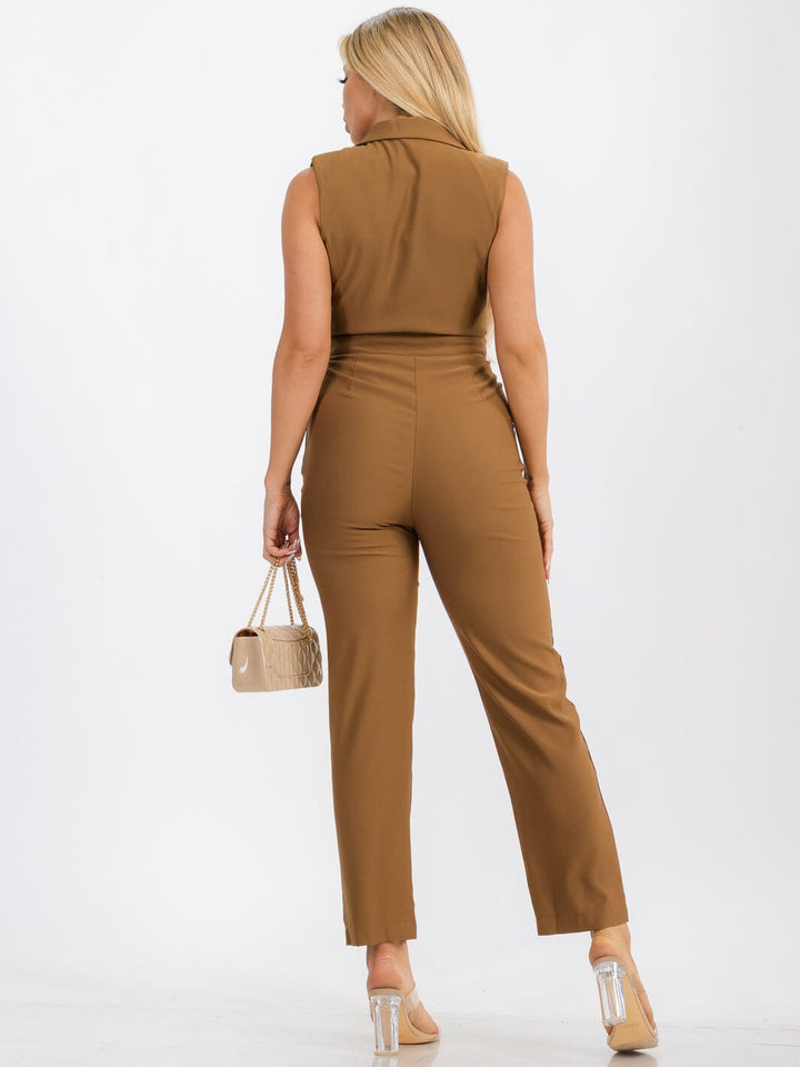 WOMENS' SLEEVELESS FRONT POCKETS SURPLICE JUMPSUIT