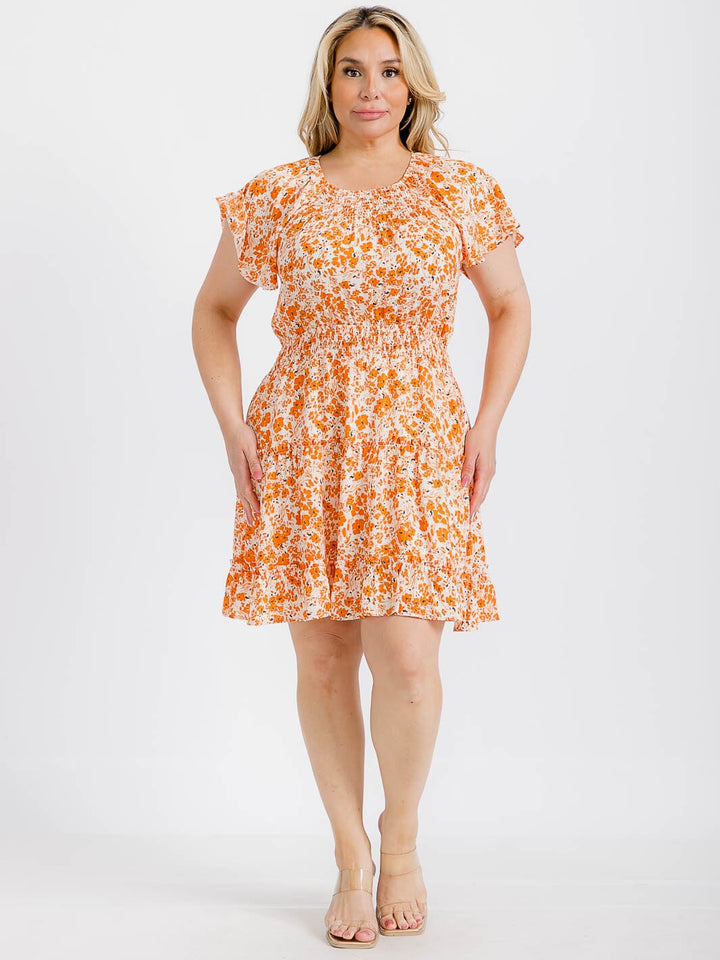 PLUS SIZE SHORT SLEEVE SMOCK WAIST FLORAL MINI DRESS