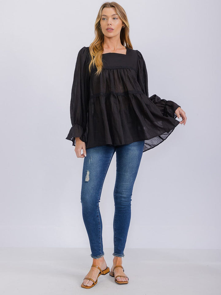 WOMEN'S LONG SLEEVE SQUARE NECK TIERED TUNIC BLOUSE