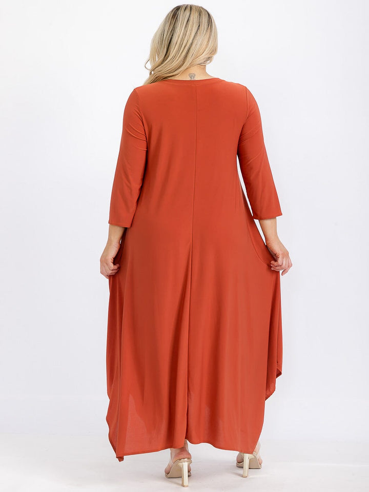 PLUS SIZE 3/4 SLEEVE FRONT POCKETS HIGH-LOW MAXI DRESS