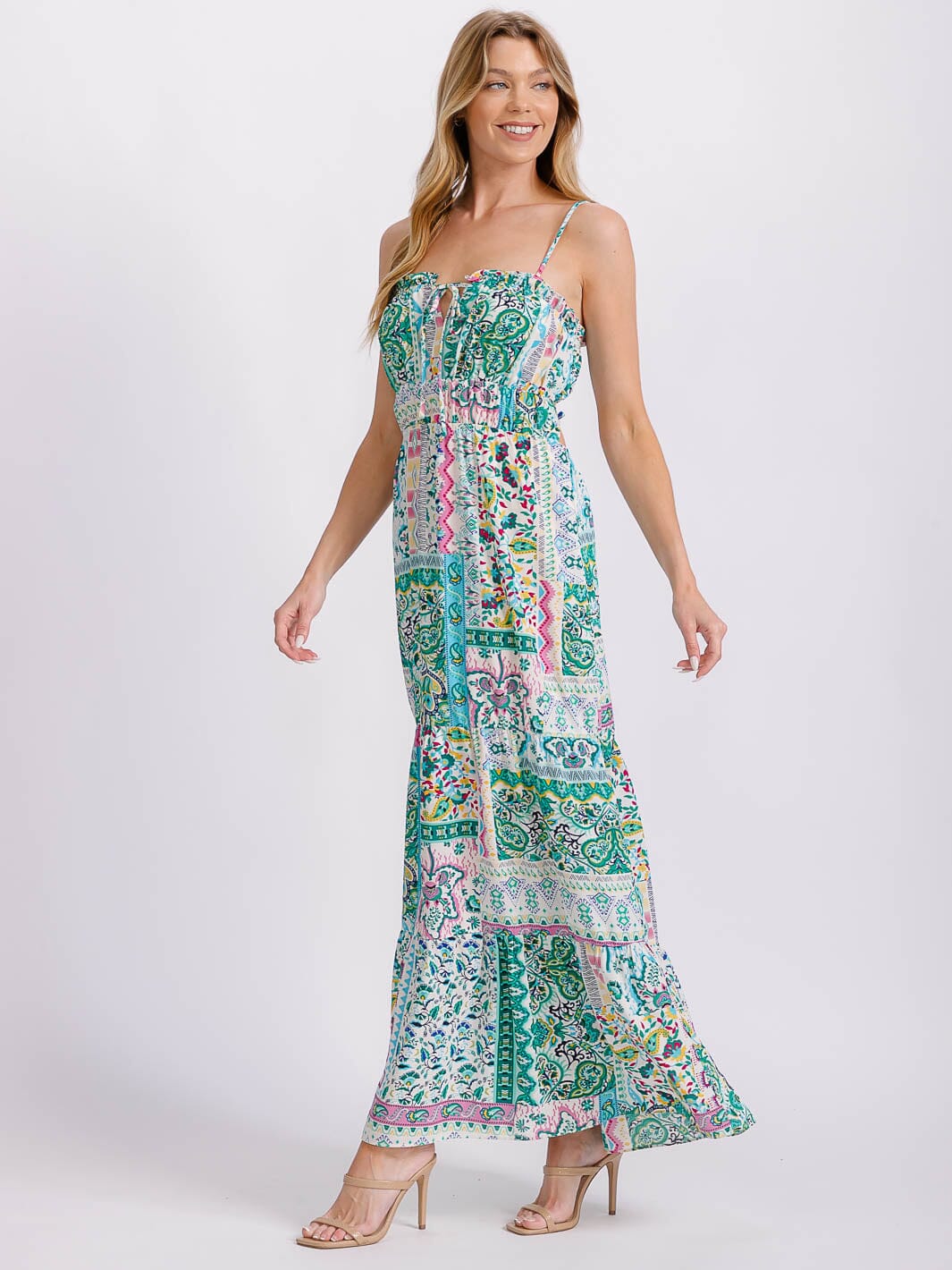 WOMEN'S SLEEVELESS V-NECK ELASTIC WAIST TIERED OPEN BACK MULTI PRINT MAXI DRESS