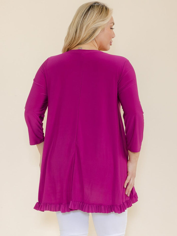 PLUS SIZE 3/4 SLEEVES RUFFLE BOTTOM HEM TUNIC HIGH-LOW TOP