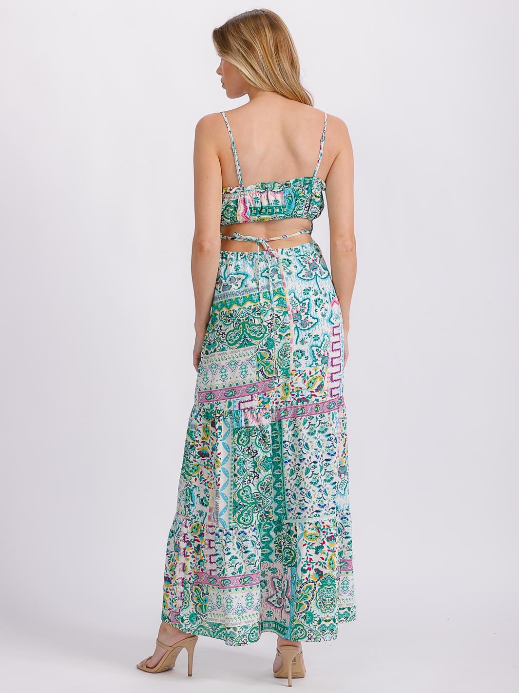 WOMEN'S SLEEVELESS V-NECK ELASTIC WAIST TIERED OPEN BACK MULTI PRINT MAXI DRESS