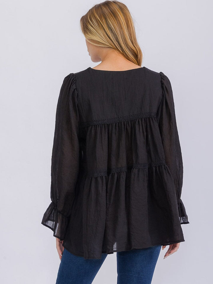 WOMEN'S LONG SLEEVE SQUARE NECK TIERED TUNIC BLOUSE