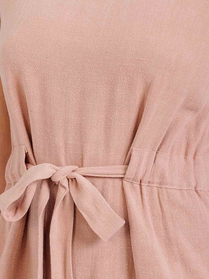 WOMEN'S SHORT SLEEVE BELTED TIERED LINEN MINI DRESS