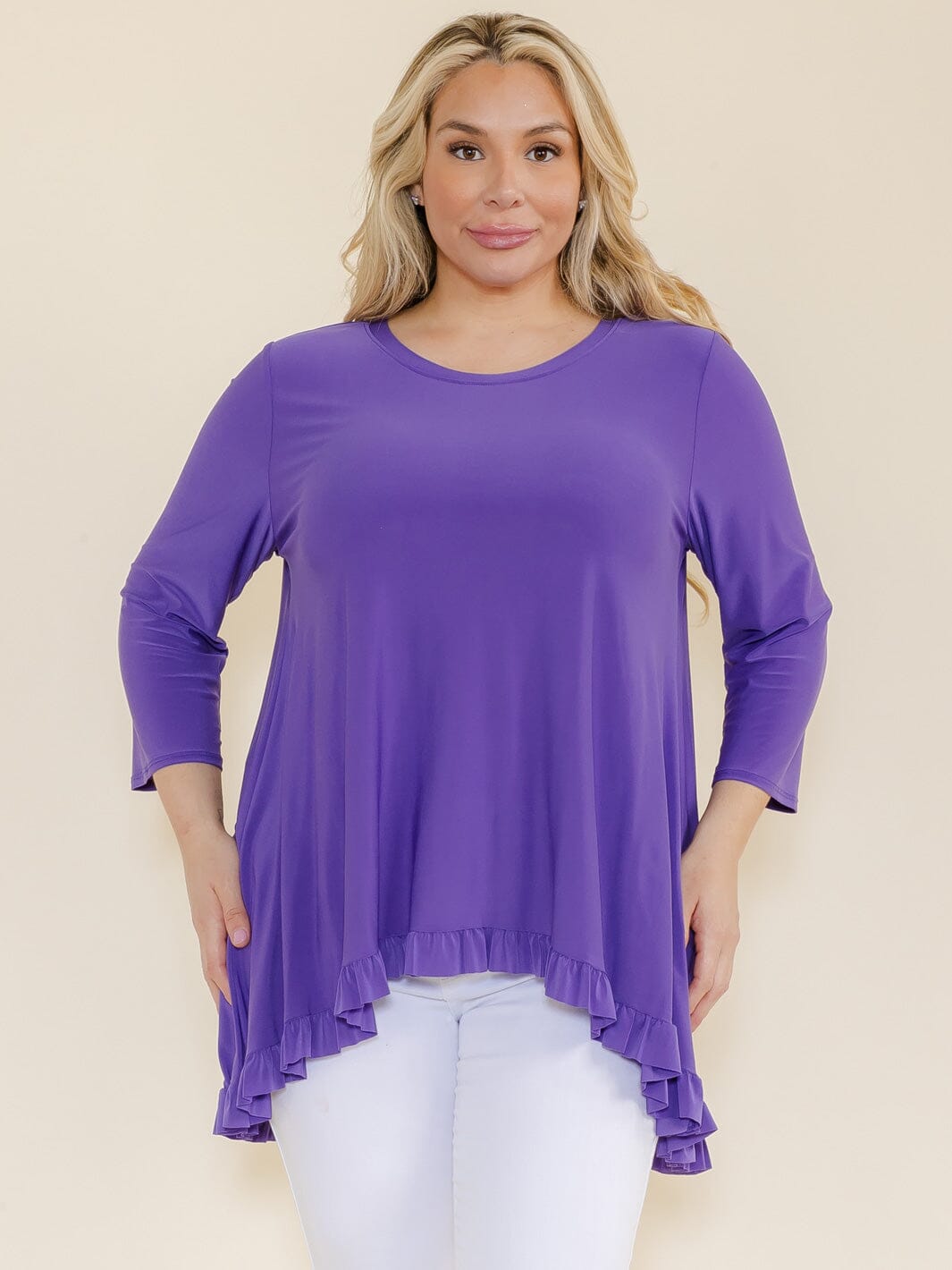 PLUS SIZE 3/4 SLEEVES RUFFLE BOTTOM HEM TUNIC HIGH-LOW TOP