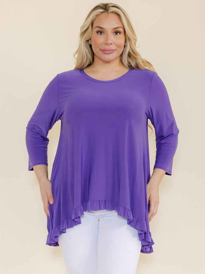 PLUS SIZE 3/4 SLEEVES RUFFLE BOTTOM HEM TUNIC HIGH-LOW TOP