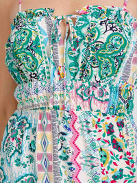 WOMEN'S SLEEVELESS V-NECK ELASTIC WAIST TIERED OPEN BACK MULTI PRINT MAXI DRESS
