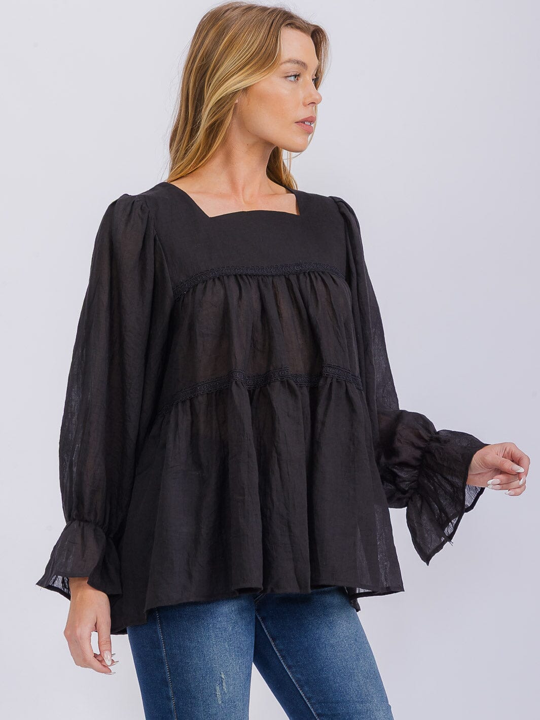 WOMEN'S LONG SLEEVE SQUARE NECK TIERED TUNIC BLOUSE