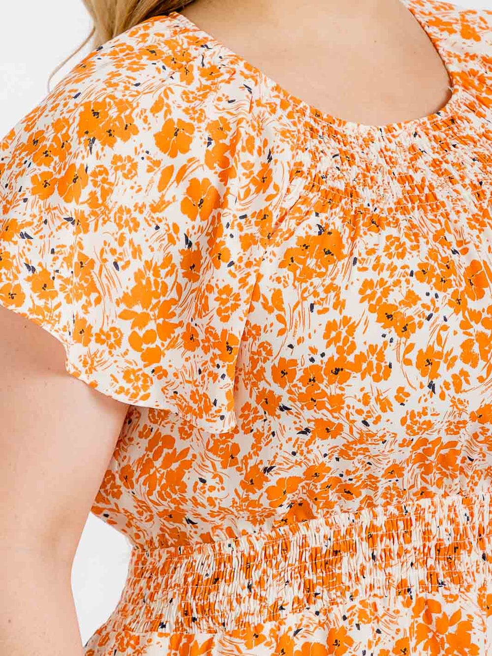PLUS SIZE SHORT SLEEVE SMOCK WAIST FLORAL MINI DRESS