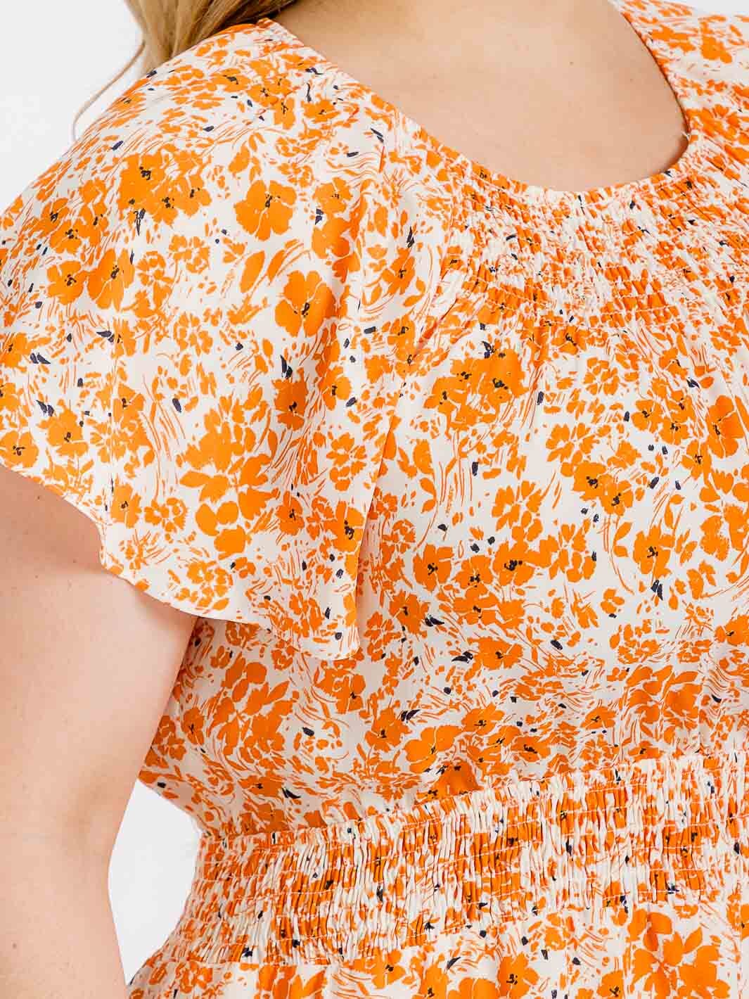 PLUS SIZE SHORT SLEEVE SMOCK WAIST FLORAL MINI DRESS