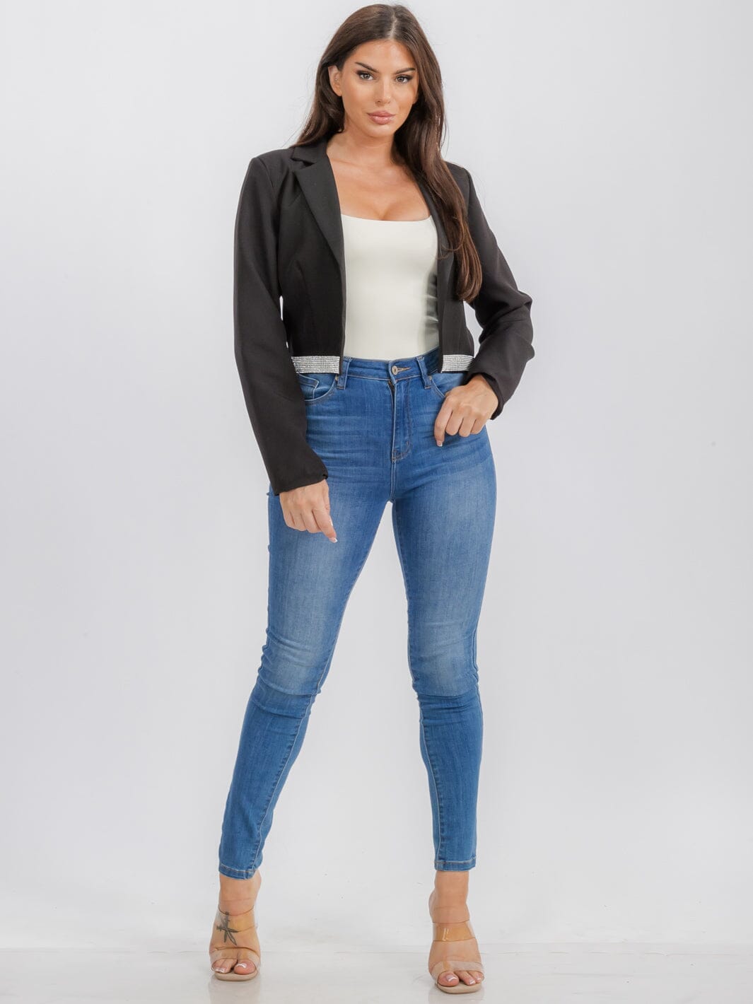 WOMEN'S LONG SLEEVE OPEN FRONT TRIM STUDS DETAILED BLAZER