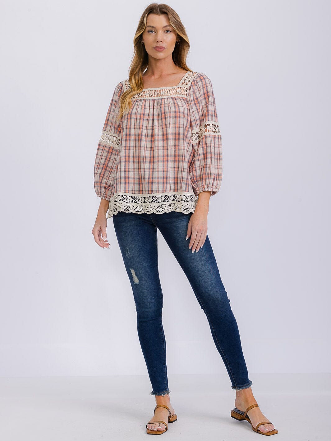 WOMEN'S LONG SLEEVE SQUARE NECK PLAID CROCHET TRIM BLOUSE