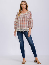 WOMEN'S LONG SLEEVE SQUARE NECK PLAID CROCHET TRIM BLOUSE