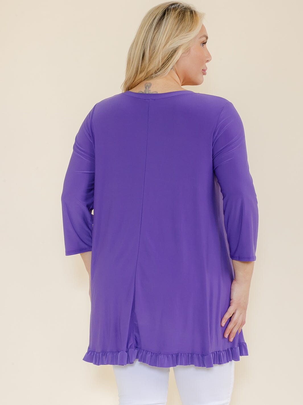 PLUS SIZE 3/4 SLEEVES RUFFLE BOTTOM HEM TUNIC HIGH-LOW TOP